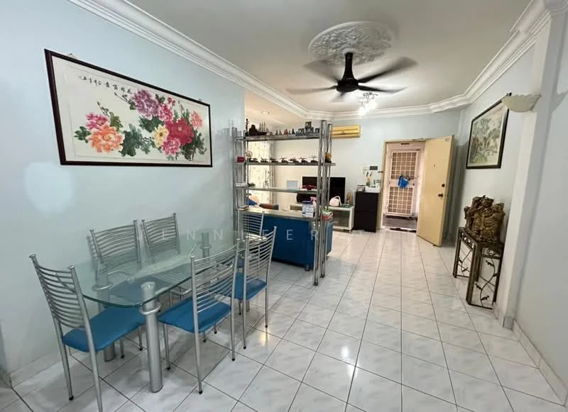 Dining features: glass dining table, 4 chrome dining chairs with blue upholstery, white tiled flooring, light blue walls, ceiling fan with light, decorative ceiling rose, wall-mounted artwork with floral design, open shelving unit, doorway leading to kitchen, doorway leading to hallway; style: modern. Room features: white painted walls, light fixtures, door leading to another room.