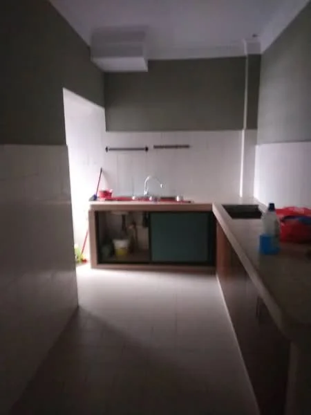 Kitchen features: single-bowl stainless-steel sink, chrome pull-down faucet, wood countertop, green painted walls, white tiled walls, tile flooring, open shelving, built-in cabinetry, kitchen island, window with natural light.