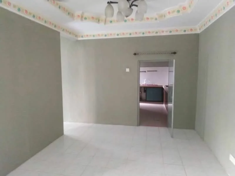 Room features: grey painted walls, white ceiling with decorative crown moulding, tile flooring, doorway leading to another room, light fixture with multiple bulbs.