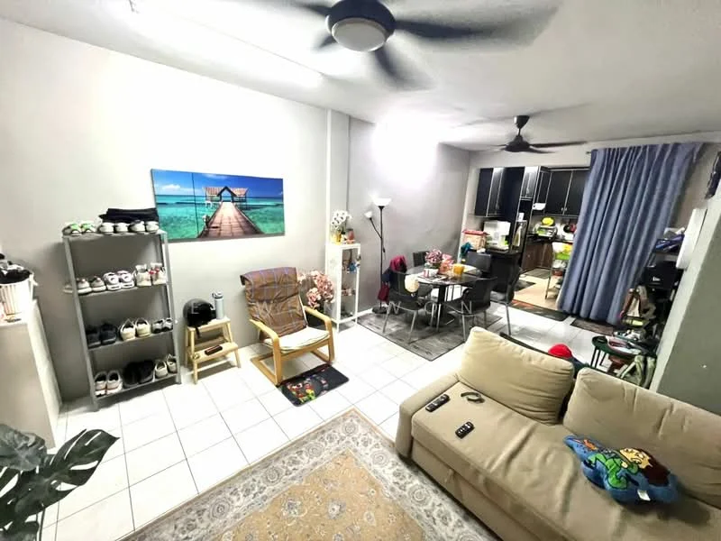 Living features: white painted walls, tile flooring, 5-blade ceiling fan with light, sofa in beige, area rug with geometric pattern, coffee table, decorative plants, wall-mounted artwork, shelves with shoes, floor lamp; style: modern. Kitchen features: black cabinetry, stainless-steel appliances, kitchen island, dining table with chairs, recessed lighting; style: modern.