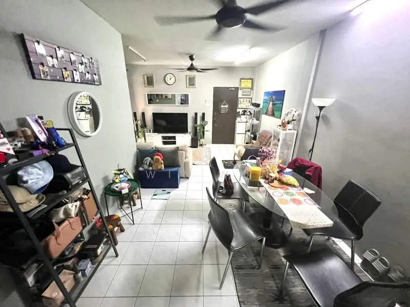 Living features: grey painted walls, white tiled flooring, 5-blade ceiling fan, wall-mounted TV, black TV console, round mirror, decorative wall clock, sofa with cushions, glass dining table with black chairs, shelving unit with various items, floor lamp, decorative plants, artwork on wall, area rug; style: modern.