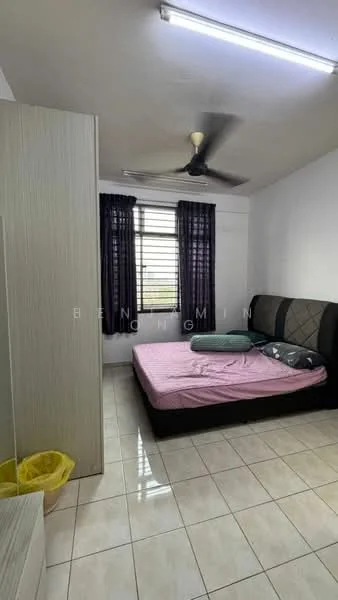 Bedroom features: queen-size bed with upholstered headboard, pink bedspread, 2 bedside pillows, ceiling fan, window with black curtains, white painted walls, tiled flooring, built-in wardrobe, wastebasket; style: modern.