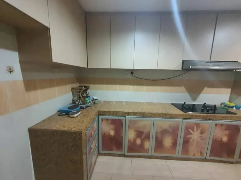 Kitchen features: laminate cabinetry with floral design, granite countertop, built-in gas hob, stainless-steel range hood, wall-mounted cabinets, ceramic tile flooring, white painted walls, single-bowl stainless-steel sink, wall outlet, kitchen utensils on countertop; style: modern.