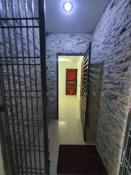 Room features: stone feature wall, white painted walls, tile flooring, recessed ceiling lights, metal security gate, red door, doormat; style: modern.