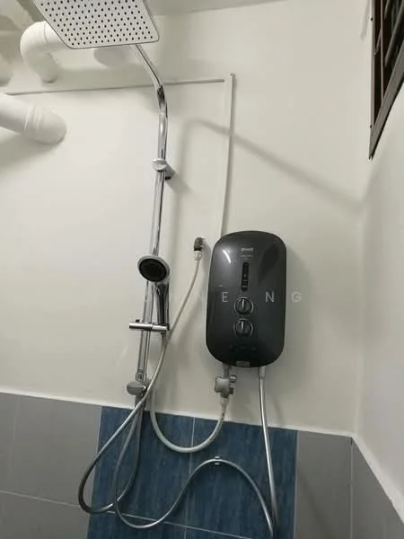 Bathroom features: shower head with adjustable height, chrome shower arm, wall-mounted shower mixer, electric water heater, grey wall tiles, blue accent tiles, tiled shower area, white painted walls; style: modern.