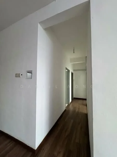 Room features: white painted walls, wooden flooring, ceiling light fixture, doorway leading to other rooms, narrow hallway, minimalist design; style: modern.