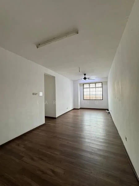Room features: white painted walls, wooden flooring, ceiling fan, large window, natural light, light fixture, empty space; style: modern.