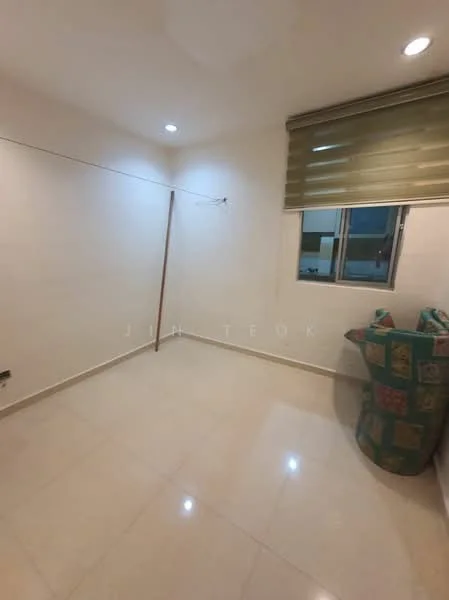 Room features: white painted walls, glossy tile flooring, recessed downlights, window with blinds, corner seating area with patterned upholstery.