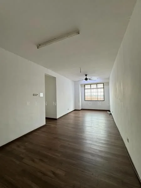 Room features: white painted walls, wooden flooring, ceiling fan, large window, natural light, light fixture, empty space.