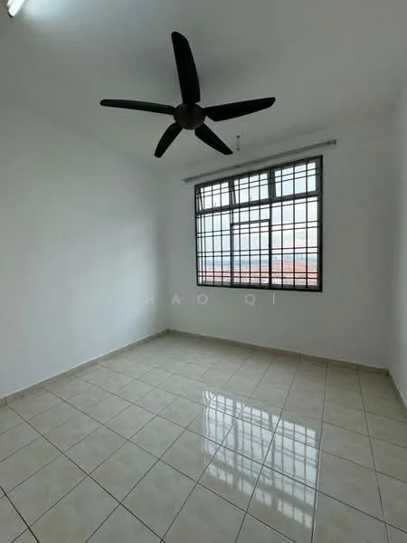 Room features: white painted walls, ceramic tile flooring, 5-blade ceiling fan, floor-to-ceiling windows with metal grilles, natural light from window, neutral color scheme, no visible furniture, high ceiling; style: minimalist; view: city.