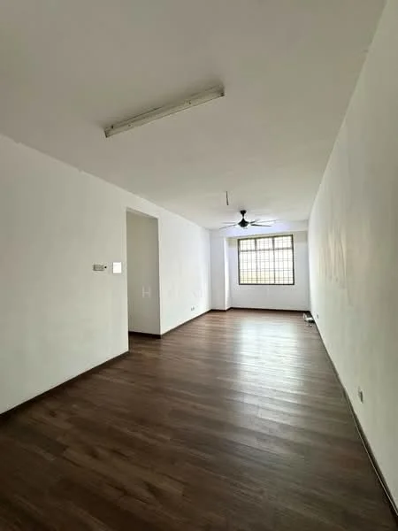 Room features: white painted walls, wooden flooring, ceiling fan, large window, natural light, light fixture, empty space.