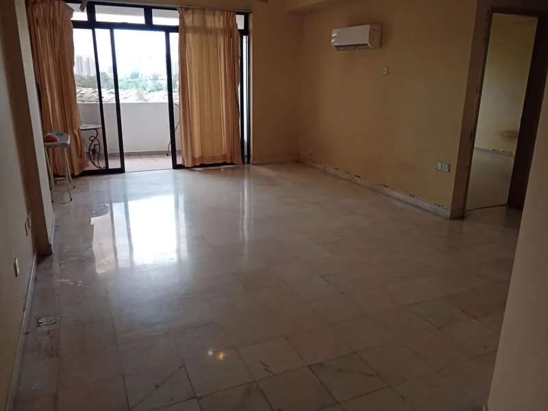 Living features: marble flooring, cream painted walls, floor-to-ceiling windows, sliding glass door, sheer curtains, 1 wall-mounted split AC, balcony access, natural light.