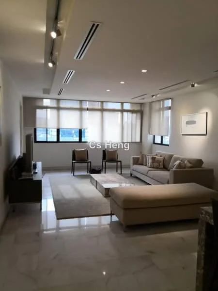 Living features: marble tile flooring, white painted walls, recessed downlights, floor-to-ceiling windows, sheer curtains, 3-seater fabric sofa in light beige, 2 armchairs in beige, coffee table, TV console, wall-mounted TV, area rug with neutral color, decorative artwork on walls; style: modern; view: city.