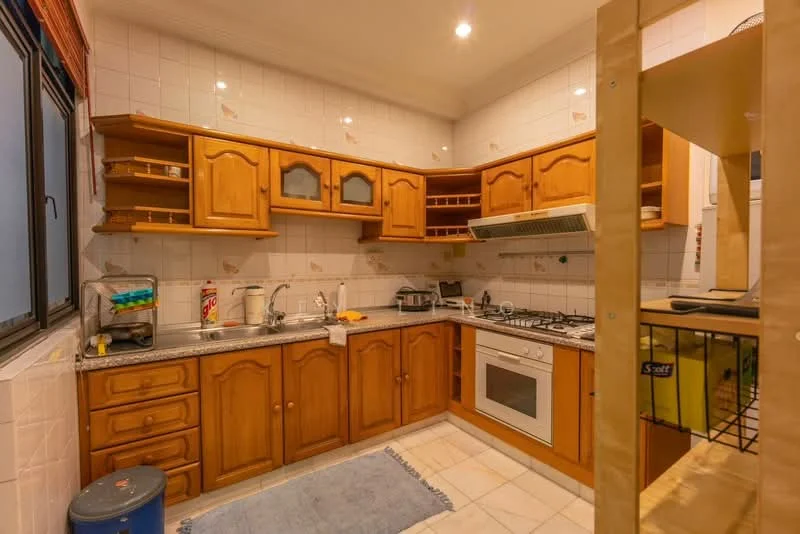 Kitchen features: wooden cabinetry, grey granite countertop, stainless-steel sink, chrome pull-down faucet, built-in oven, 4-burner gas hob, exhaust hood, ceramic tile flooring, white tiled walls, window with sheer curtains, open shelving, blue area rug; style: traditional.