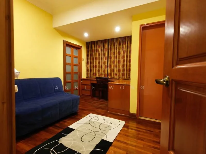 Room features: blue fabric sofa, wooden flooring, yellow painted walls, recessed downlights, wooden door, glass panel door, window with patterned curtains, area rug with abstract pattern, study desk; style: modern.