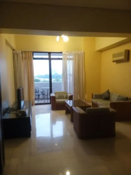 Living features: cream painted walls, marble flooring, 5-blade ceiling fan, floor-to-ceiling windows, sliding glass door, sheer curtains, sofa set with cushions, wooden coffee table, TV console, wall-mounted TV, air conditioning unit; style: modern; view: city.