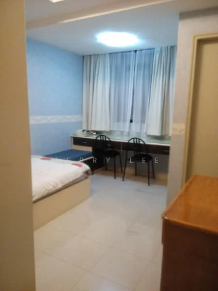 Bedroom features: single bed with white bedding, blue painted walls, white curtains, wooden desk, two black chairs, tile flooring, ceiling light, built-in wardrobe.