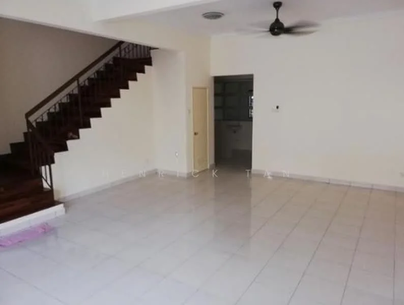 Living features: white painted walls, ceramic tile flooring, 5-blade ceiling fan, staircase with wooden steps, doorway leading to another room, large open space, no visible furniture, neutral color scheme; style: minimalist.