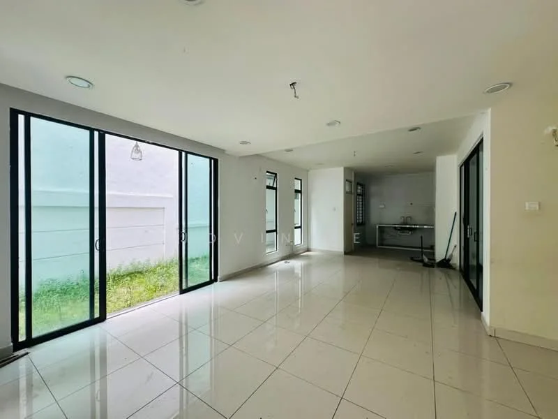 Room features: white painted walls, glossy white tile flooring, floor-to-ceiling windows, sliding glass doors, recessed downlights, open layout, kitchen area visible, greenery visible through windows; style: modern; view: garden.