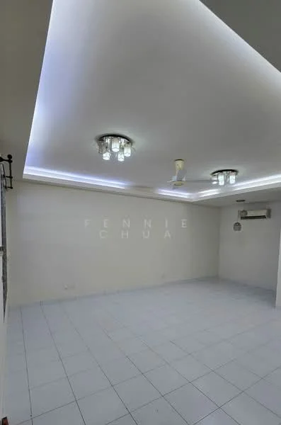 Room features: white painted walls, recessed ceiling with LED strip lighting, 2 ceiling lights with crystal design, 5-blade ceiling fan, white tiled flooring, no visible furniture or decor; style: modern.