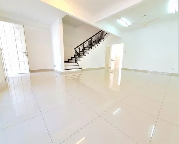 Room features: white painted walls, glossy ceramic tile flooring, staircase with black railing, ceiling lights, open layout, large windows, door leading outside, neutral color scheme; style: modern.