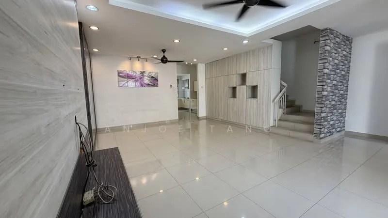 Living features: white painted walls, light grey accent wall, polished ceramic tile flooring, 5-blade ceiling fan with light, recessed downlights, decorative wall with stone cladding, open layout, staircase leading to upper floor, wall-mounted artwork, built-in cabinetry, large windows for natural light; style: modern.