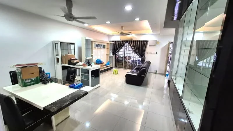 Living features: grey leather sofa, black coffee table, white dining table with black chairs, ceiling fan with light, recessed downlights, black curtains, glass display cabinets, white painted walls, glossy tile flooring; style: modern.