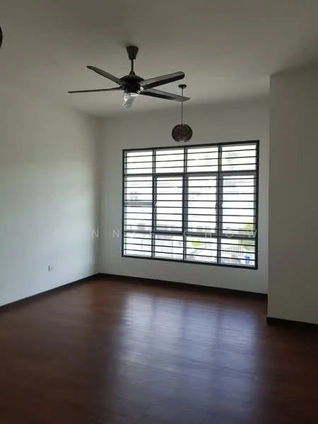 Room features: wooden flooring, white painted walls, 5-blade ceiling fan with light, large window with horizontal slats, natural light, decorative pendant light; style: modern.