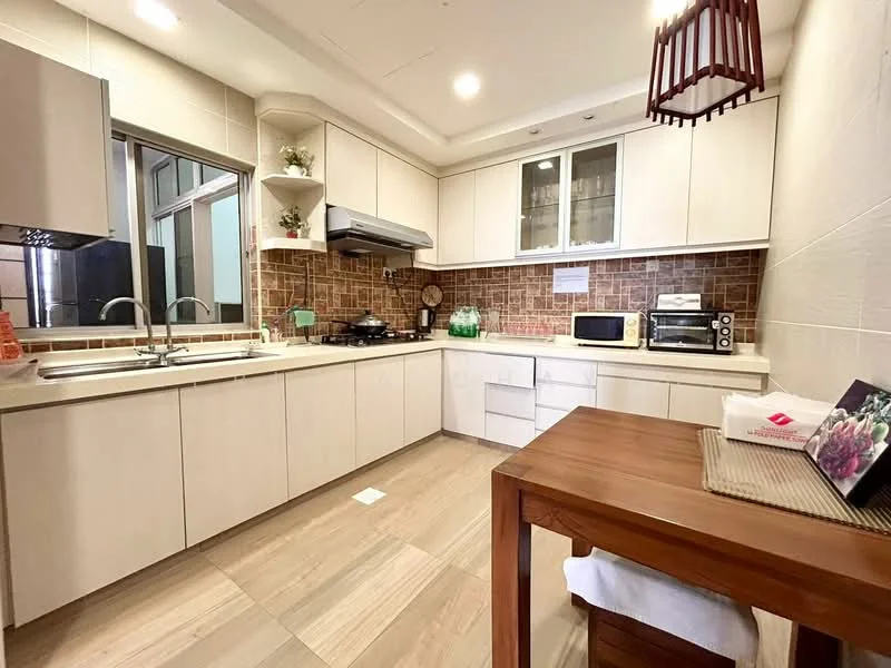 Kitchen features: white cabinetry, brown tiled backsplash, stainless-steel sink, chrome pull-down faucet, built-in oven, freestanding microwave, stainless-steel gas hob, exhaust hood, countertop with space for appliances, wooden dining table, ceramic tile flooring, recessed downlights, window with sheer curtains; style: modern.