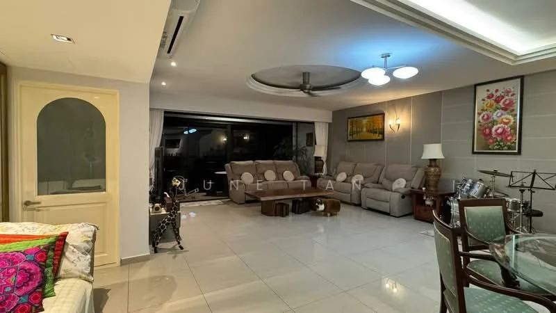 Living features: white painted walls, tray ceiling with recessed lighting, large floor-to-ceiling windows, sliding glass door, 3-seater fabric sofa in beige, 2-seater fabric sofa in beige, wood coffee table, decorative wall art, ceiling fan with light, marble tile flooring, area rug, potted plant, side table with lamp; style: modern. Room features: white painted walls, door with glass panel, tile flooring.