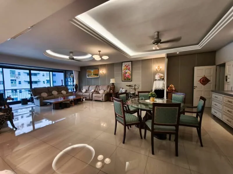 Living features: cream painted walls, recessed ceiling with LED lighting, 5-blade ceiling fan with light, large sliding glass door, floor-to-ceiling windows, marble tile flooring, 3-seater fabric sofa in beige, 2-seater fabric sofa in brown, coffee table, dining table with 4 upholstered chairs, decorative wall art, houseplants in ceramic pots; style: modern; view: city.