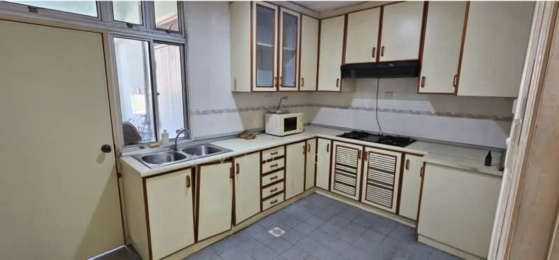 Kitchen features: double-bowl stainless-steel sink, chrome pull-down faucet, built-in gas hob, built-in microwave, cream cabinetry with wood trim, white tiled backsplash, countertop with laminate finish, sliding glass door, window with sheer curtains, grey tiled flooring; style: traditional.