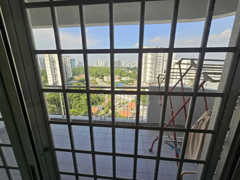 Balcony features: tiled flooring, metal railing, city skyline view, clothes drying rack, open space, safety grille; view: city.