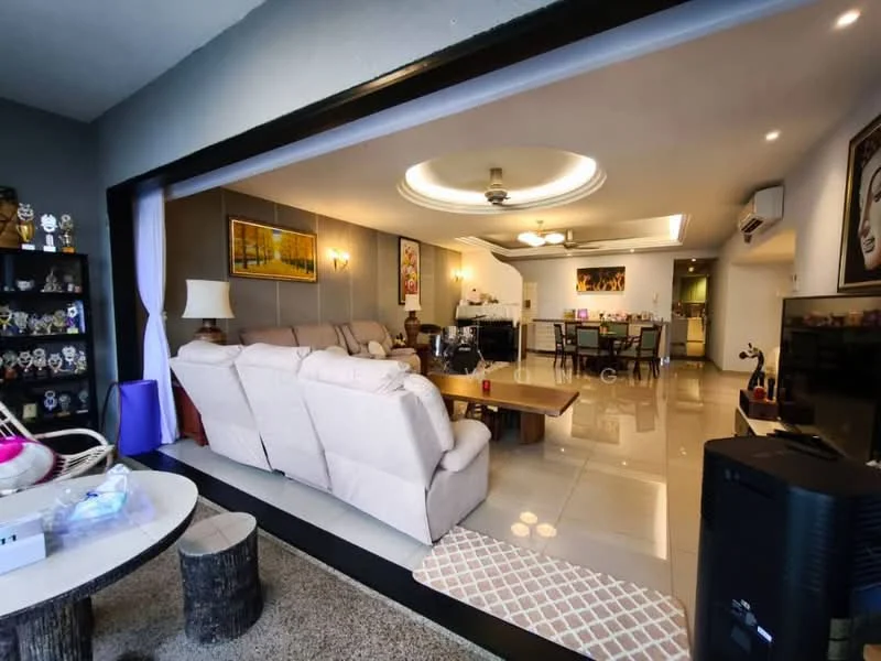 Living features: cream leather sectional sofa, coffee table, wall-mounted TV, recessed ceiling lights, ceiling fan with light, decorative wall art, marble tile flooring, open layout to dining area, large sliding glass door, sheer curtains, decorative mirror, area rug with geometric pattern; style: modern; view: garden. Dining features: 6-seater dining table, upholstered dining chairs, pendant lighting above table, open layout to living area, marble tile flooring; style: modern; view: garden.