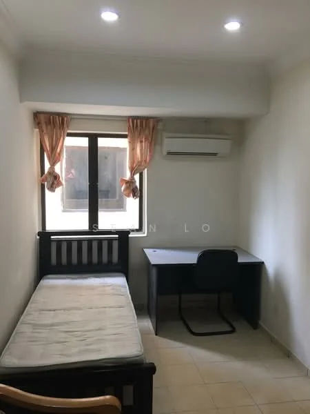 Bedroom features: single bed frame, mattress, study desk, black office chair, wall-mounted air conditioning unit, window with sheer curtains, cream painted walls, tile flooring, recessed ceiling lights.