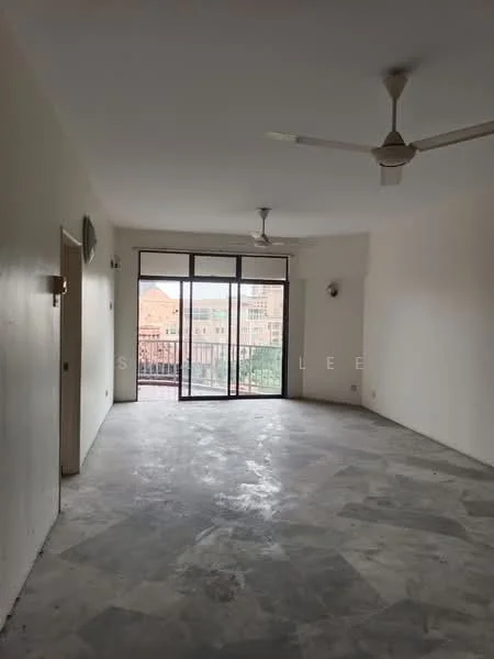 Living features: marble flooring, white painted walls, ceiling fan, floor-to-ceiling windows, sliding glass door, balcony access, natural light, open layout; view: city.