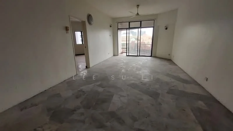 Living features: grey marble flooring, white painted walls, ceiling fan, floor-to-ceiling windows, sliding glass door, balcony access, natural light, city view; view: city.