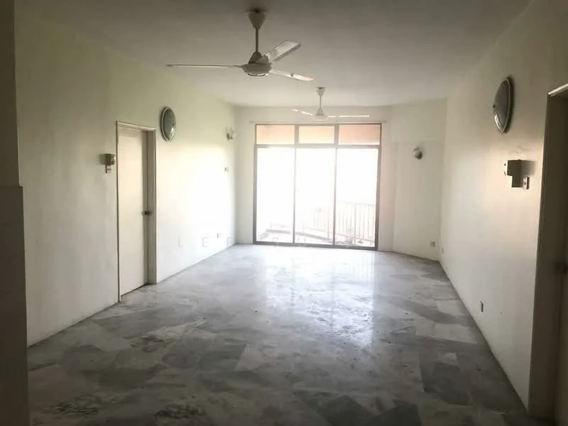 Living features: marble flooring, white painted walls, 2 ceiling fans, floor-to-ceiling windows, sliding glass door, wall-mounted light fixtures, natural light from windows, open layout.