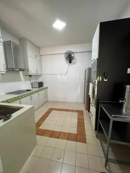Kitchen features: white cabinetry, green patterned backsplash, stainless-steel sink, chrome faucet, built-in microwave, stainless-steel refrigerator, freestanding range oven, exhaust fan, tile flooring, square tile layout, wall-mounted fan, countertop with overhang; style: modern.