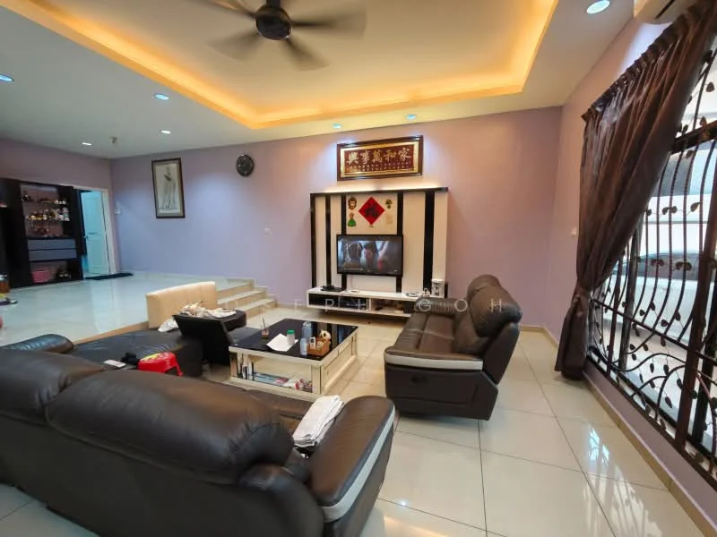Living features: 5-blade ceiling fan with light, recessed downlights, cream painted walls, glossy tile flooring, black leather sectional sofa, coffee table, TV console, wall-mounted TV, decorative wall art, curtains on windows, decorative iron grille on windows; style: modern.