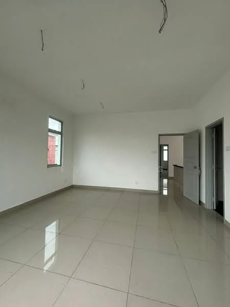 Room features: white painted walls, tile flooring, two windows, open layout, no visible furniture, ceiling with exposed wiring, neutral color scheme, doorway leading to another room; style: modern.