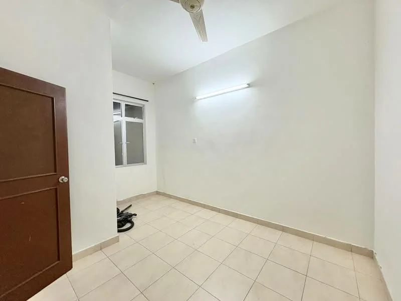 Room features: white painted walls, tile flooring, ceiling fan, single window, light fixture, neutral color scheme.