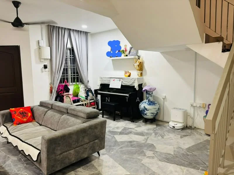 Living features: grey fabric sofa with decorative cushions, black upright piano, marble tile flooring, white painted walls, curtains in light grey, ceiling fan, decorative blue wall art, blue and white ceramic vase, children's toys visible, air conditioning unit, staircase visible; style: modern.