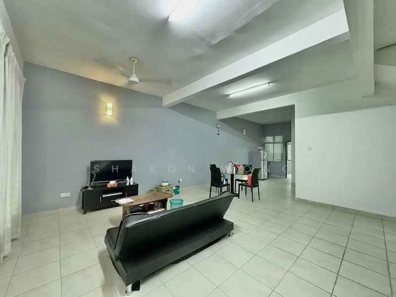 Living features: grey painted walls, white ceiling, 5-blade ceiling fan with light, floor-to-ceiling windows with sheer curtains, tiled flooring, black leather sofa, TV console, wall-mounted TV, coffee table, decorative items on coffee table; style: modern. Dining features: dining table with chairs, open layout to living area; style: modern.