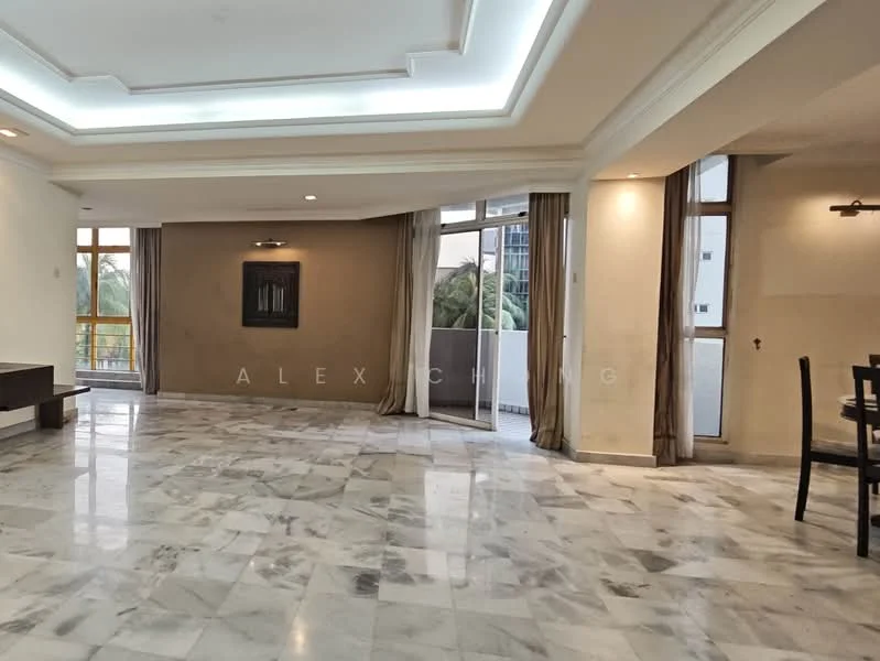 Living features: marble flooring, tray ceiling with recessed lighting, large windows with sheer curtains, sliding glass door, wall-mounted light fixture, neutral painted walls, open layout, dining area adjacent; style: modern; view: garden.