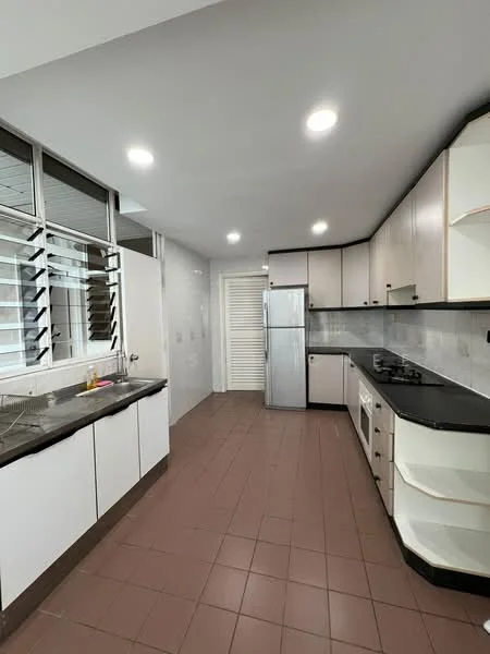 Kitchen features: black granite countertop, white cabinetry, stainless-steel fridge, built-in gas stove, oven, tile flooring in brown, white tiled backsplash, window with horizontal slats, recessed LED downlights, double-bowl stainless-steel sink, kitchen island with storage; style: modern.