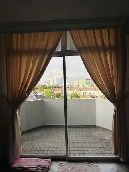Room features: floor-to-ceiling sliding glass door, curtains in light beige, grey tiled flooring, balcony view of city skyline, outdoor space with tiled floor; view: city.