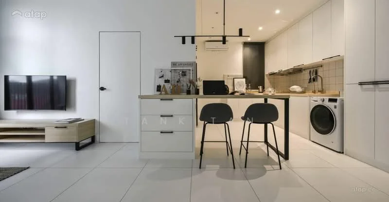 Kitchen features: white cabinetry, wooden countertop, stainless-steel sink, chrome pull-down faucet, built-in oven, freestanding washing machine, ceramic tile backsplash, 4-burner gas hob, refrigerator, pendant lighting, bar stools, open shelving, wall-mounted split AC, white walls, tile flooring; style: modern.