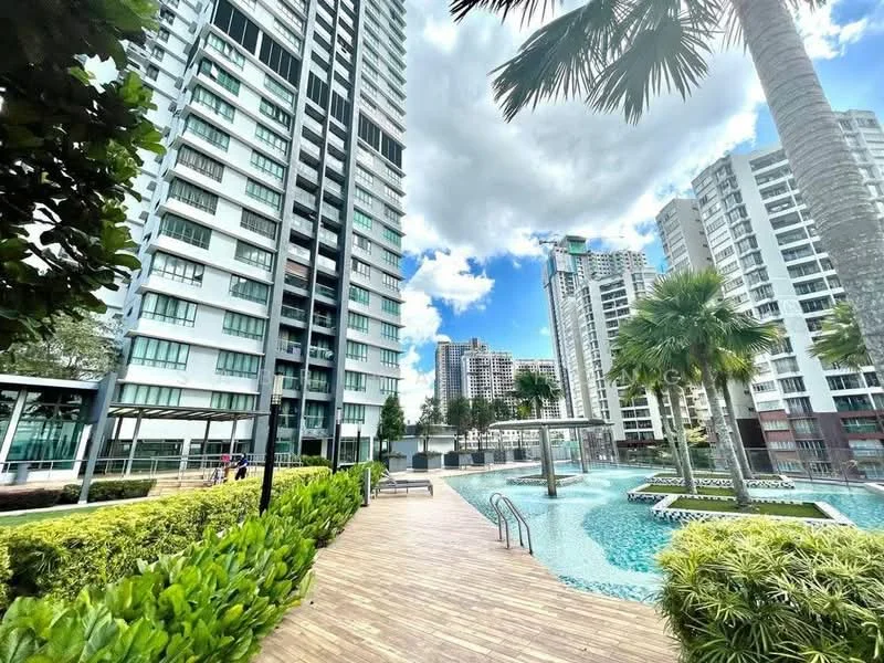 Exterior type: high-rise condominium; features: swimming pool, pool deck with loungers, landscaped garden, manicured lawn, palm trees, wooden decking, glass curtain wall facade, multiple high-rise buildings, outdoor seating area, surrounded by greenery; style: modern.