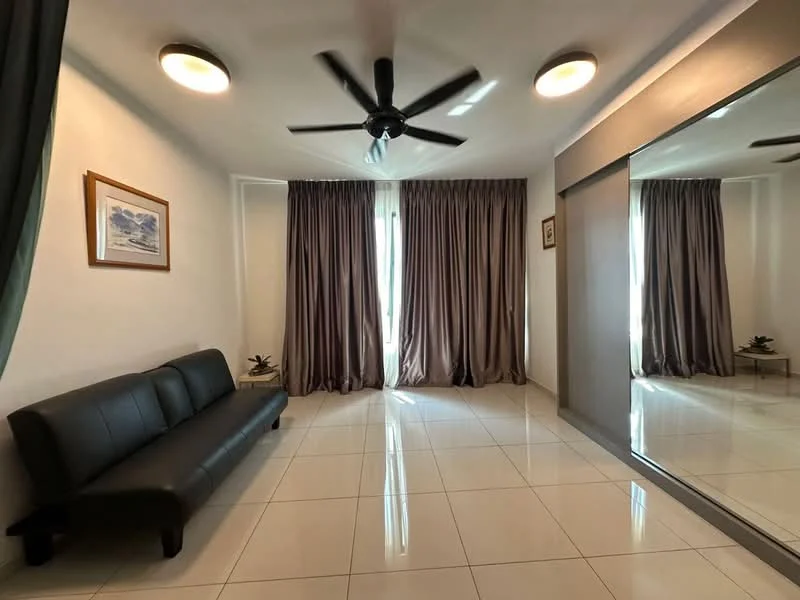 Living features: black leather sofa, 5-blade ceiling fan, white painted walls, large mirror on one wall, floor-to-ceiling windows, sheer curtains, dark grey curtains, glossy tile flooring, decorative plant on side table; style: modern.